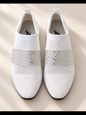 Anne Klein White Knit Slip-On Sneakers with Crystal Strap